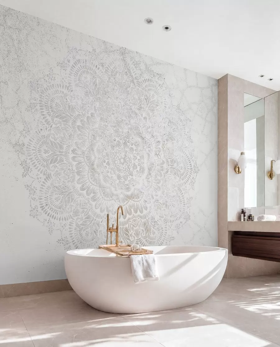 fototapeter Mandala, hvidt blondemønster med blomster og cirkulære motiver, der skaber et delikat og indviklet design w00737