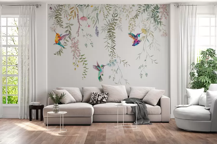 Fototapete Hängende Blumen und Blätter und wunderschöne Kolibris w00660