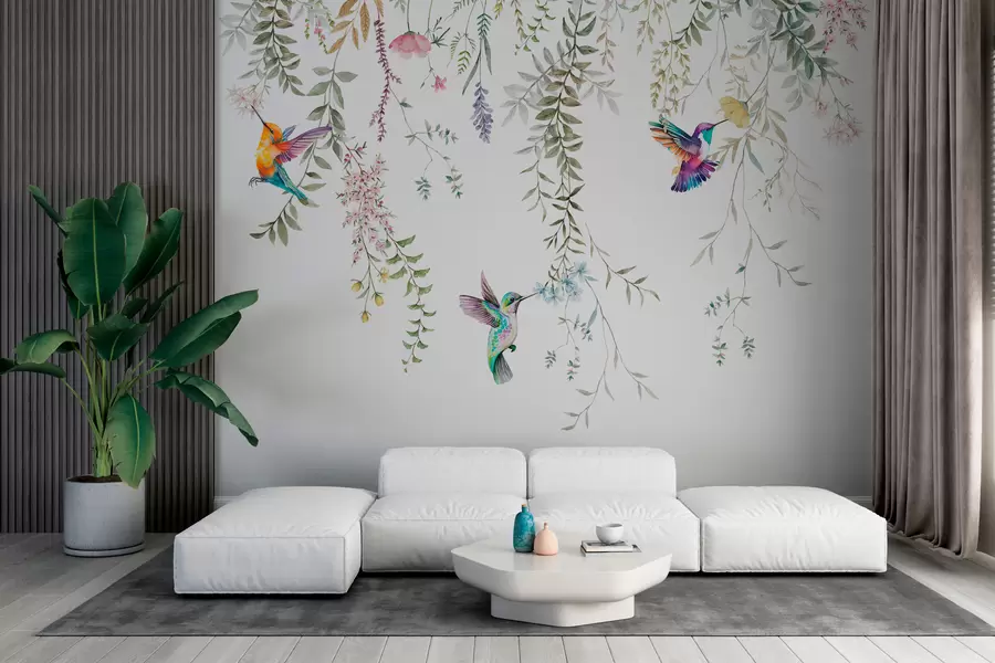 Fototapete Hängende Blumen und Blätter und wunderschöne Kolibris w00660