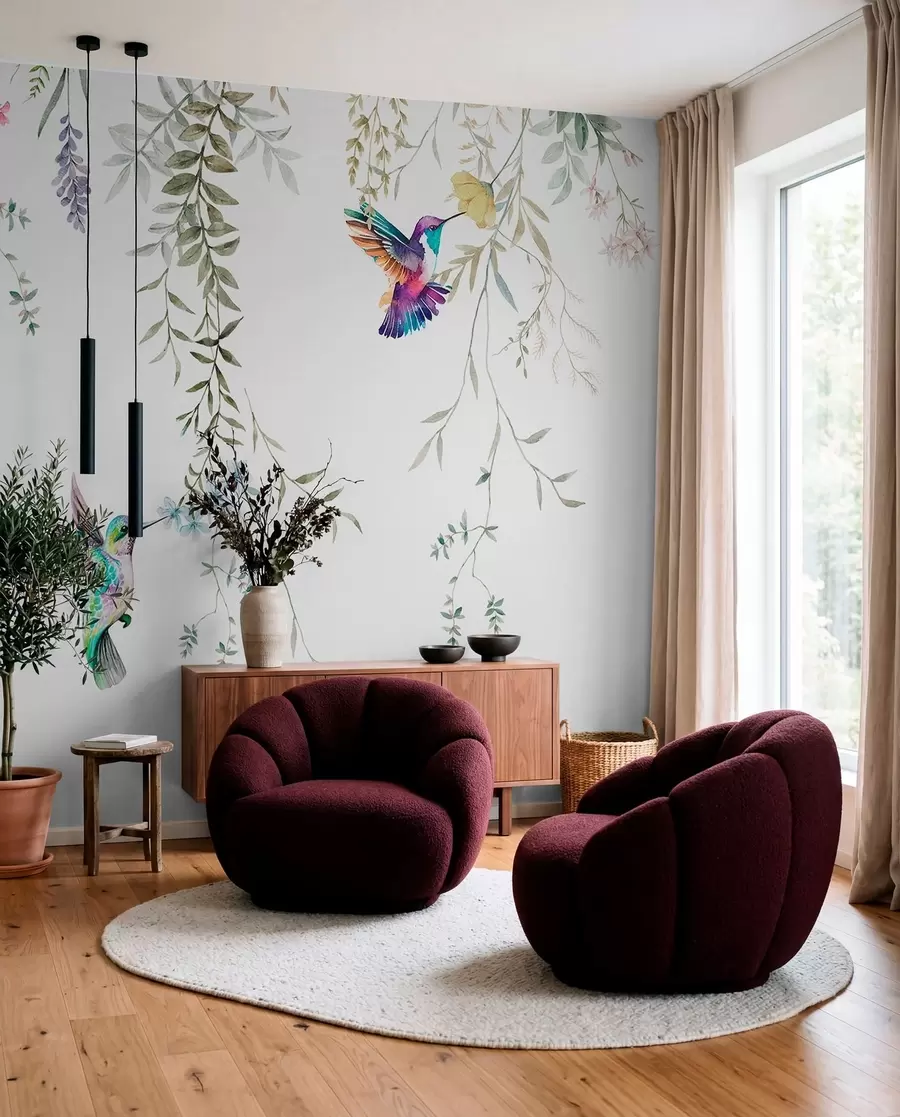 fototapeter Hængende blomster og blade og smukke kolibrier w00660