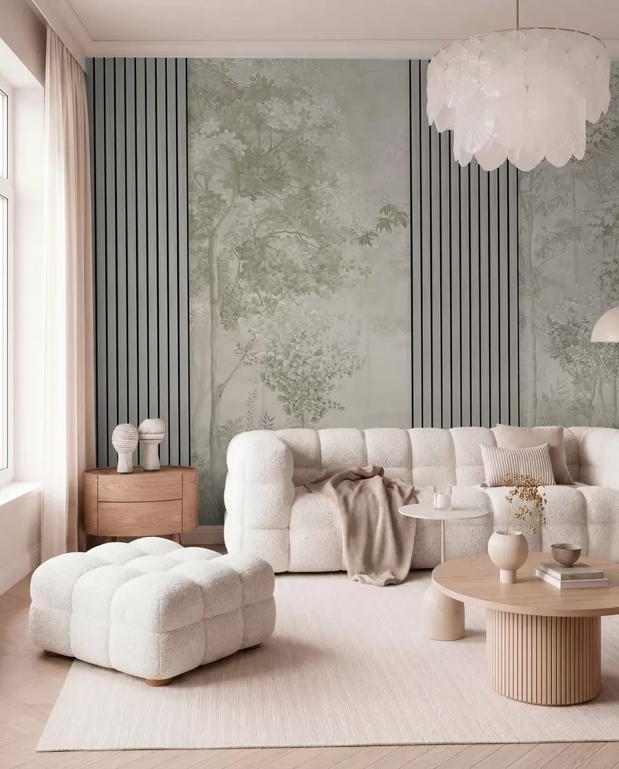 Murale Panneaux de bois et forêt délicate dans les tons verts w00670v2