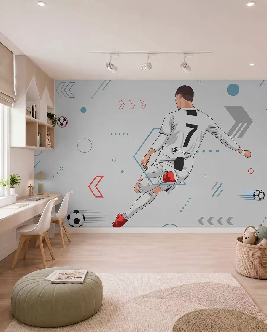 Fototapete Tapete mit Fußballspieler und Fußballattributen w00688