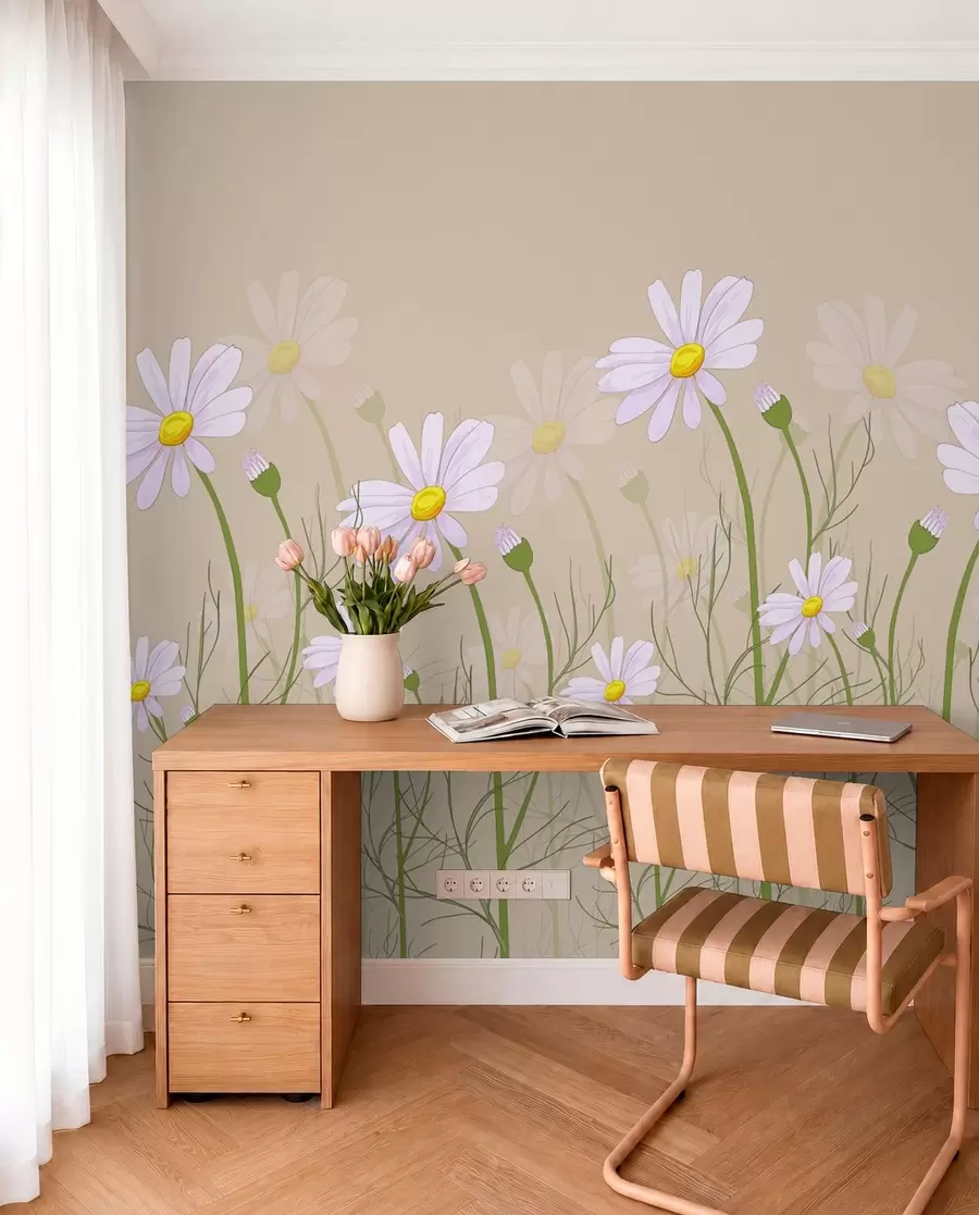 Murale grandes marguerites sur fond beige w00802