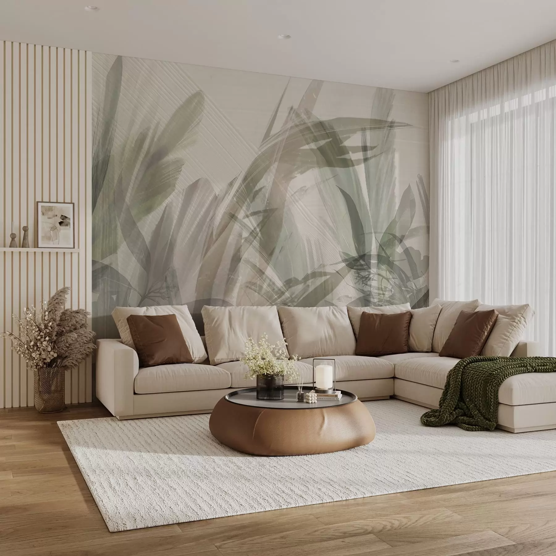 Fototapete Abstrakte Mehrfachkomposition aus verschwommenen, grasähnlichen tropischen Blattformen in Hellgrün- und Grautönen w00798