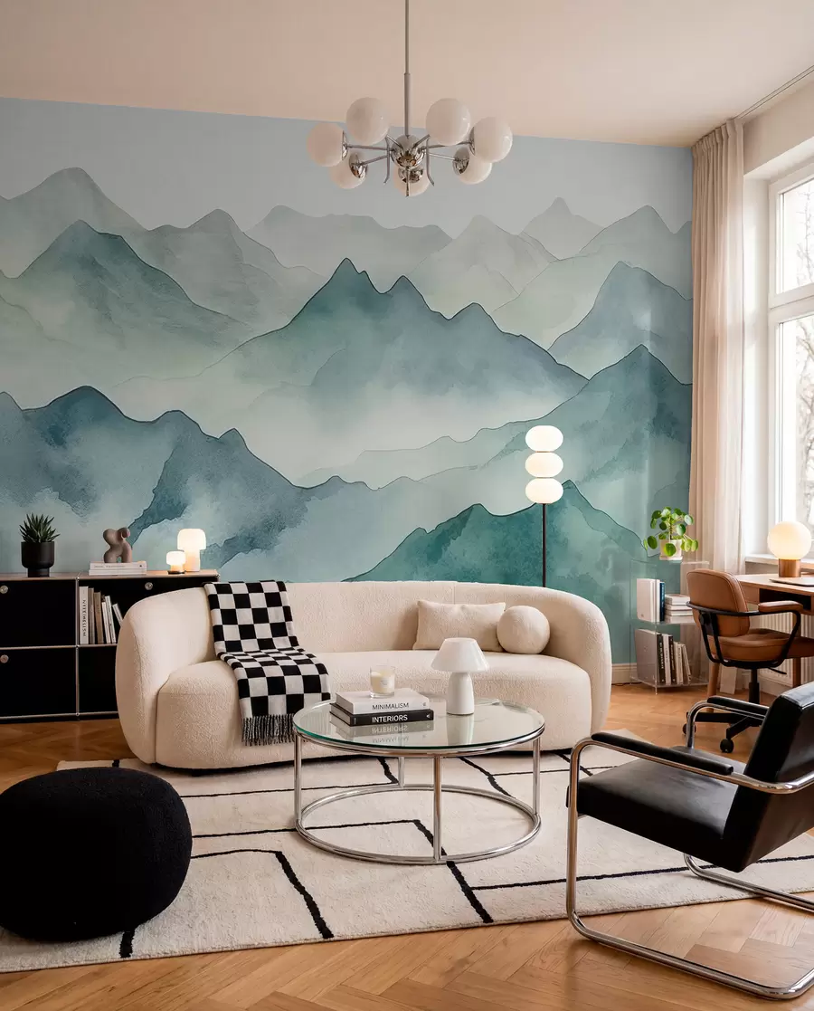 Fototapete Berggipfel und Pässe, Aquarell, Landschaft, Landschaft, blaue, graue Farbe w00841