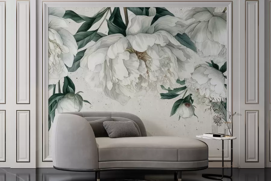 Fototapete Große weiße Pfingstrosen mit grünen Blättern auf leicht strukturiertem Hintergrund w00837