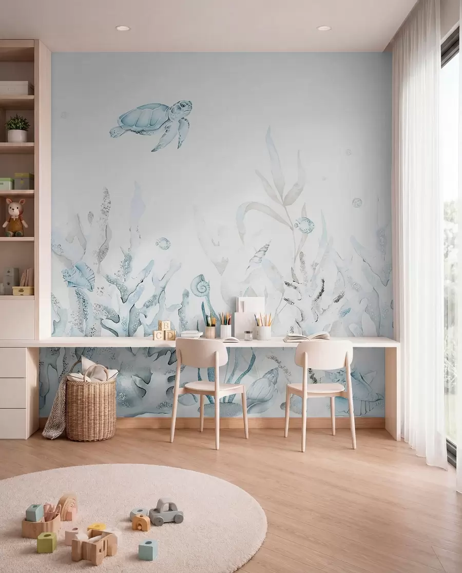 Murale Coraux de mer aquarelle, coquillages, tortues, vie marine, couleurs bleues douces w00849