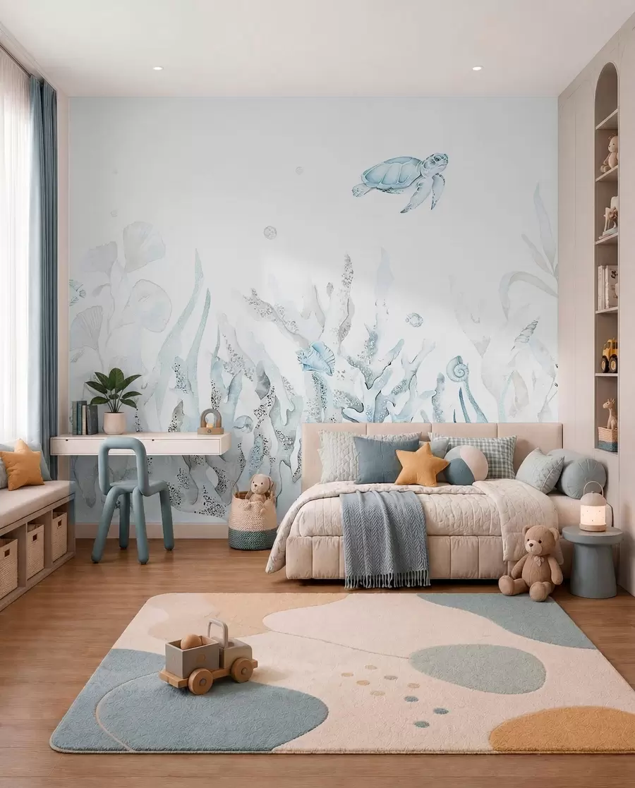 Murale Coraux de mer aquarelle, coquillages, tortues, vie marine, couleurs bleues douces w00849