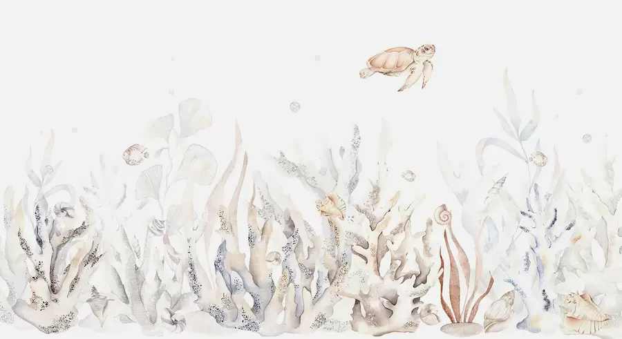 Murale Coraux de mer aquarelle, coquillages, tortues, vie marine, couleurs beiges douces w00849v1