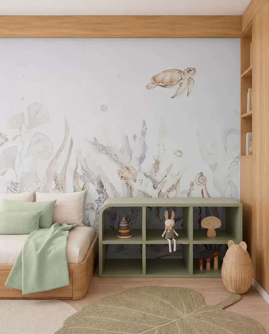 Murale Coraux de mer aquarelle, coquillages, tortues, vie marine, couleurs beiges douces w00849v1