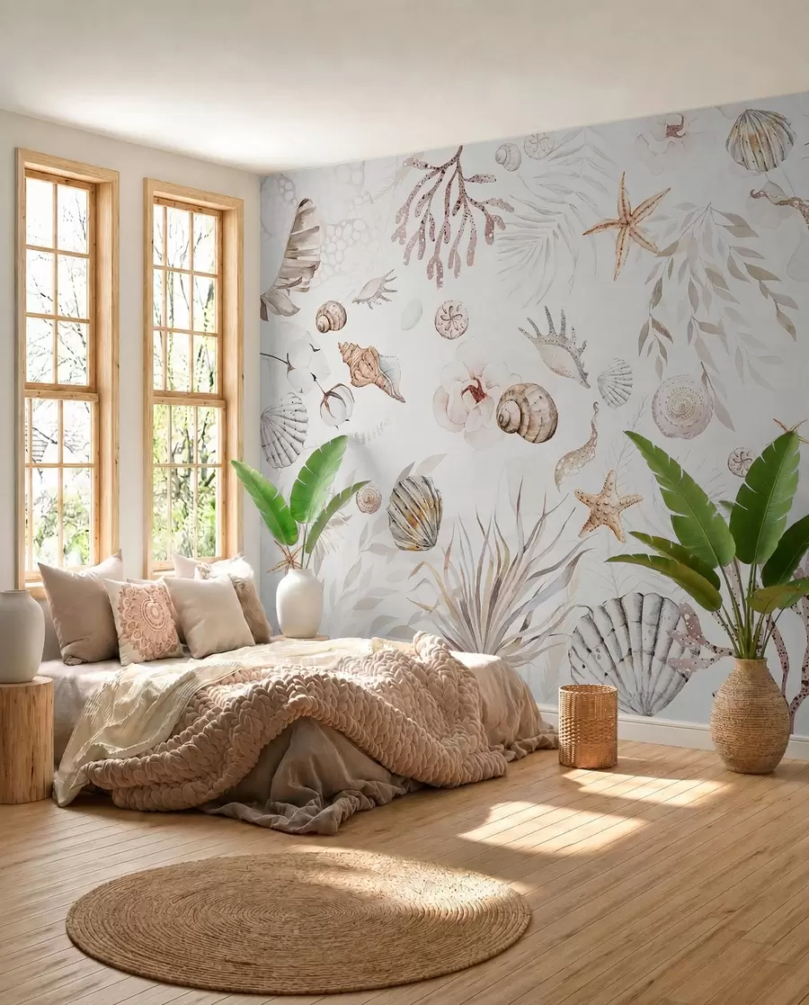 fototapeter Akvarel marine mønster, boho stil, muslingeskaller, koraller, bomuld, beige farver w00851