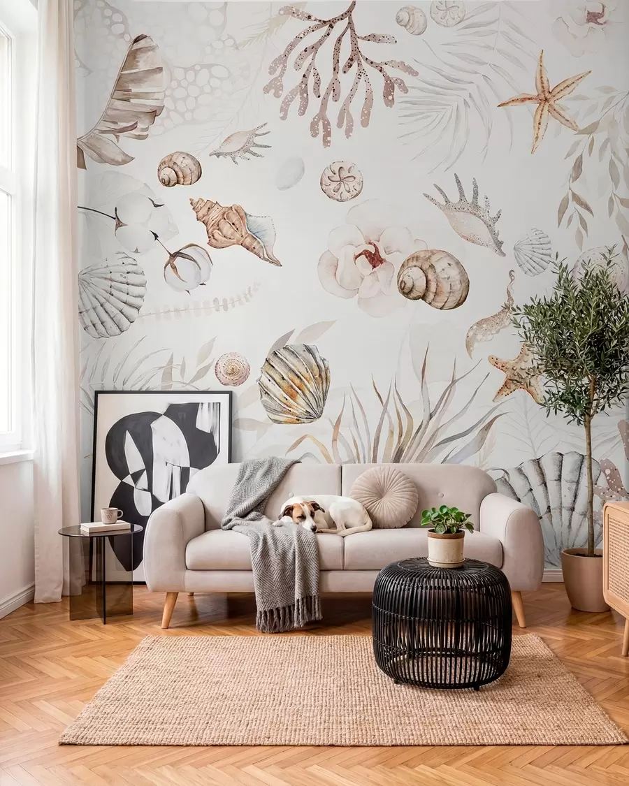 fototapeter Akvarel marine mønster, boho stil, muslingeskaller, koraller, bomuld, beige farver w00851