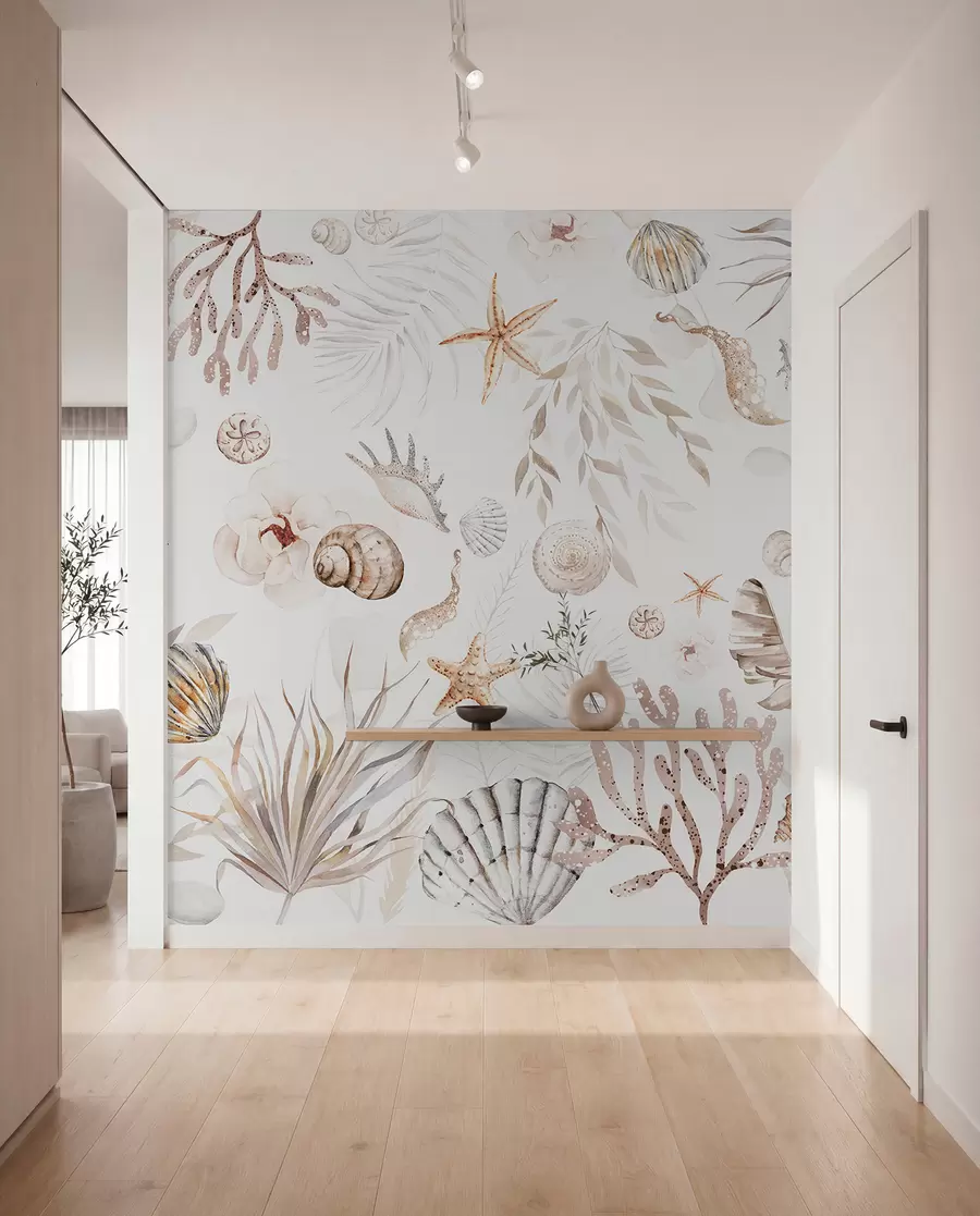 fototapeter Akvarel marine mønster, boho stil, muslingeskaller, koraller, bomuld, beige farver w00851