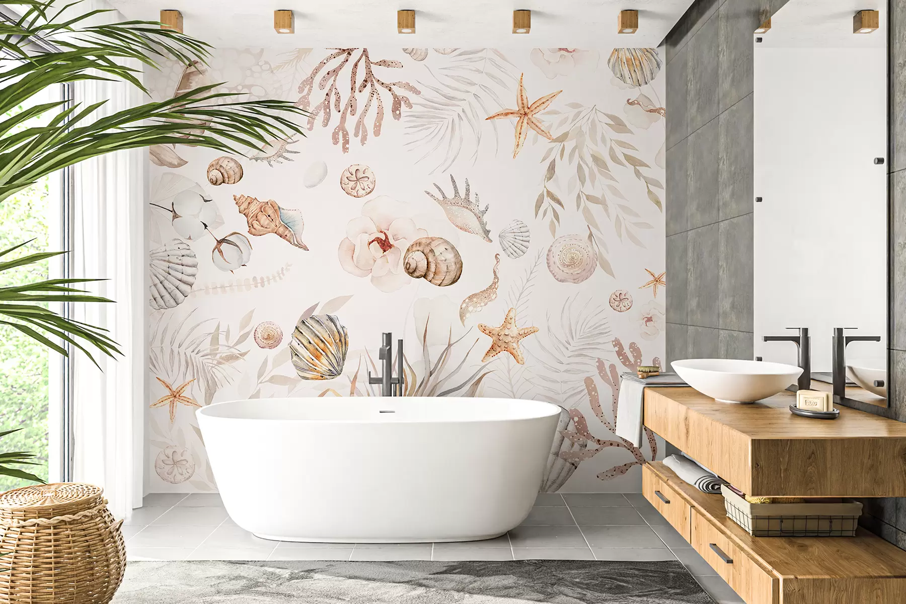 Fototapete Aquarell-Marinemuster, Boho-Stil, Muscheln, Korallen, Baumwolle, Beigetöne w00851