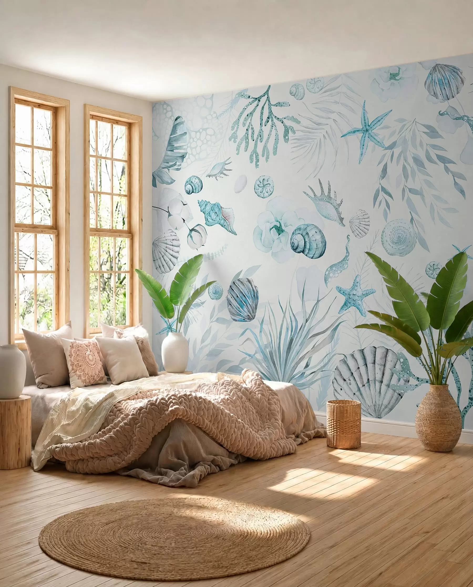 fototapeter Akvarel marine mønster, boho stil, muslingeskaller, koraller, bomuld, blå farver w00851v1