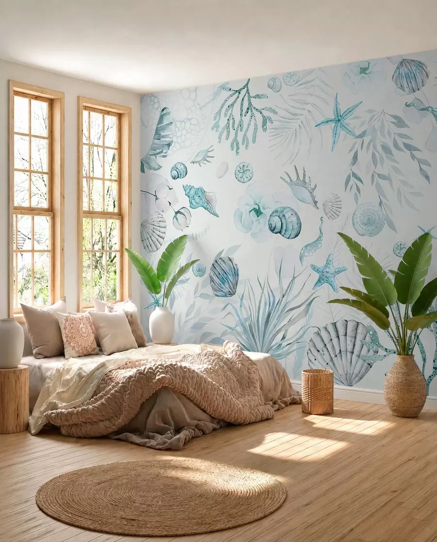 fototapeter Akvarel marine mønster, boho stil, muslingeskaller, koraller, bomuld, blå farver w00851v1