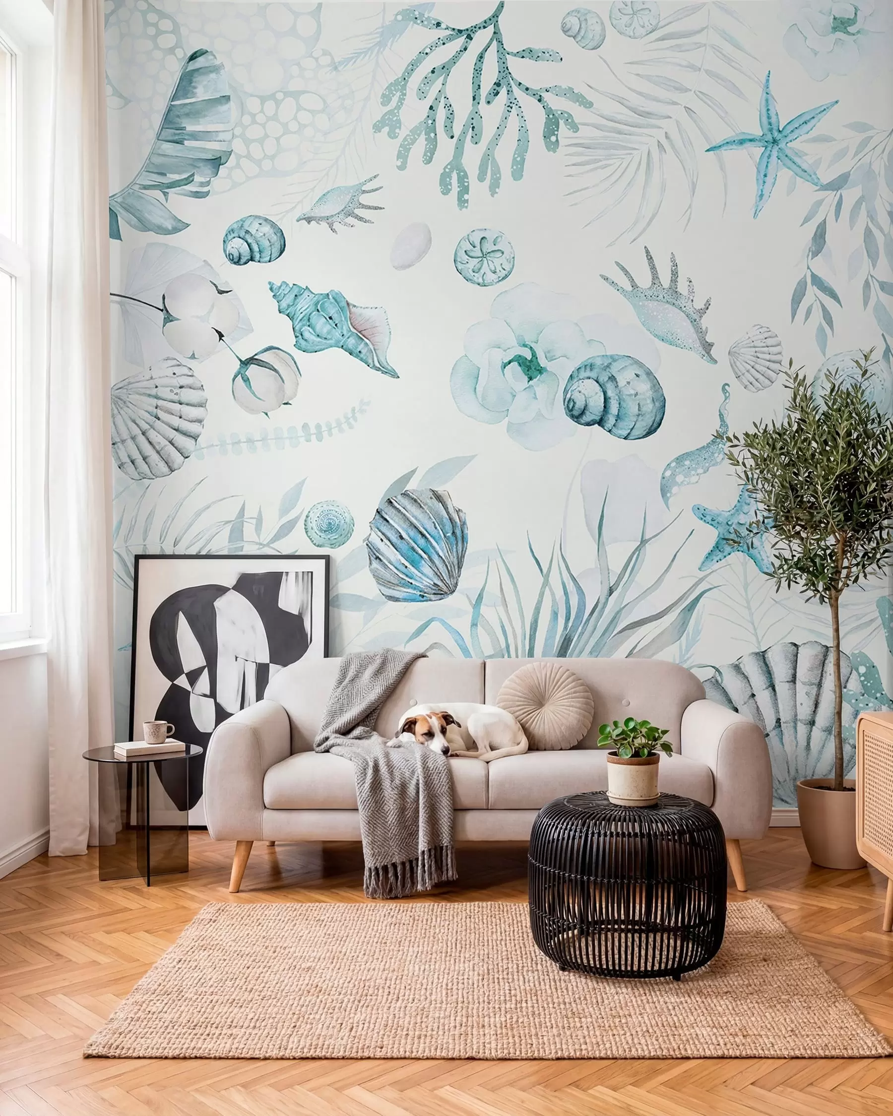 fototapeter Akvarel marine mønster, boho stil, muslingeskaller, koraller, bomuld, blå farver w00851v1