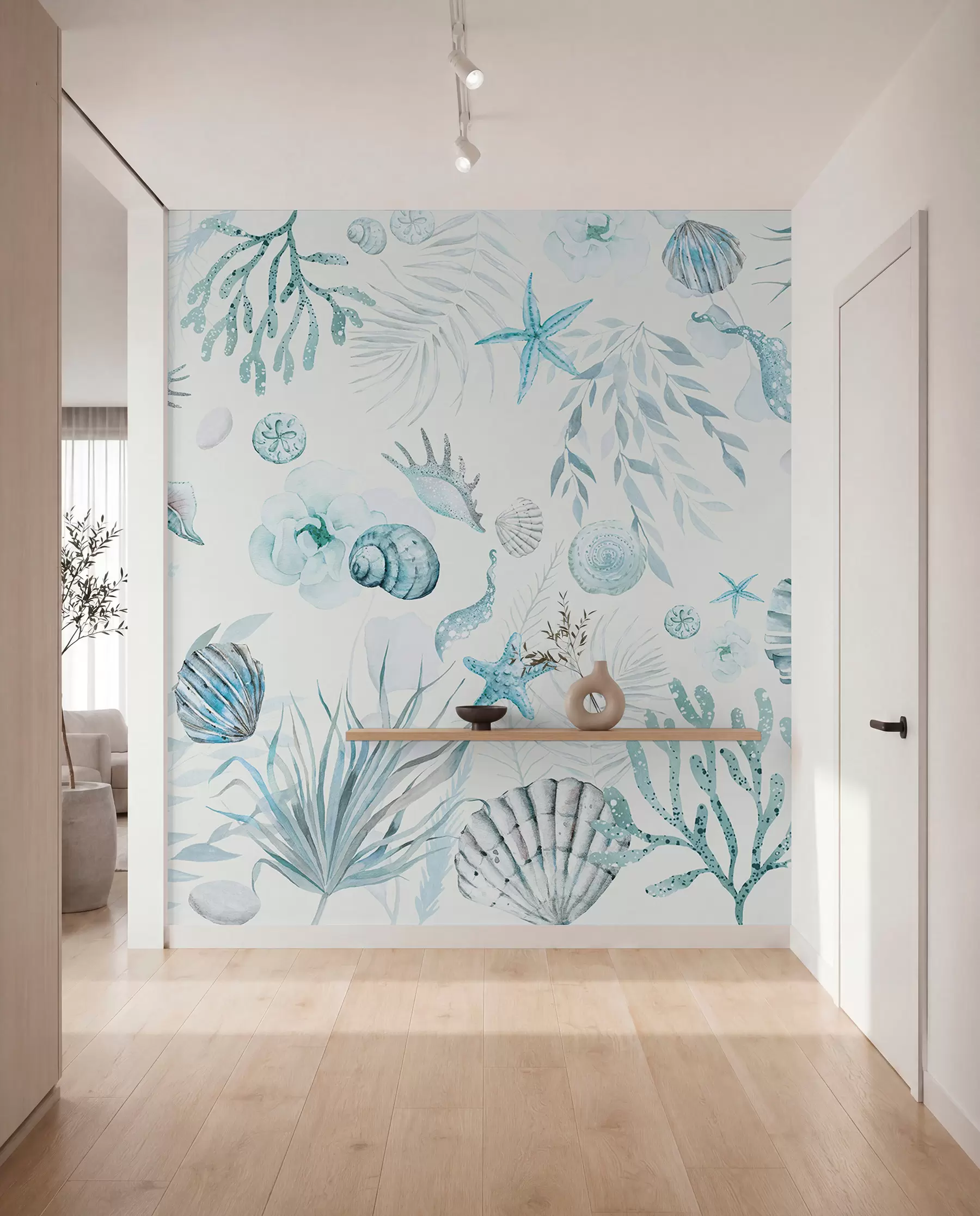 fototapeter Akvarel marine mønster, boho stil, muslingeskaller, koraller, bomuld, blå farver w00851v1
