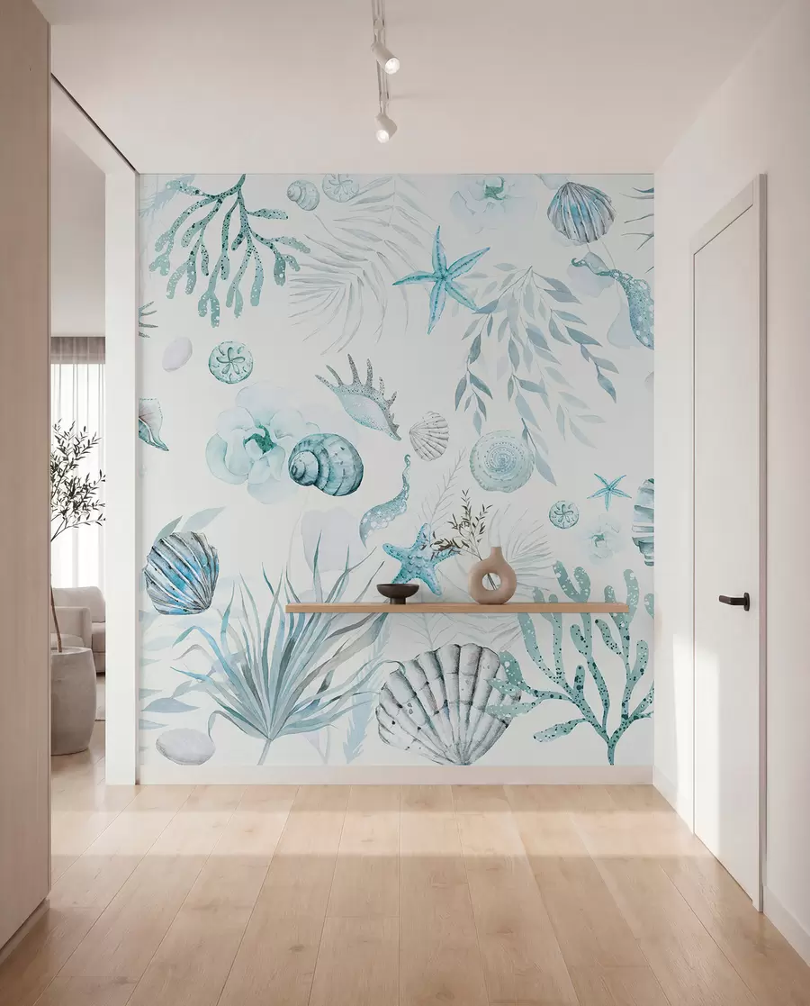 fototapeter Akvarel marine mønster, boho stil, muslingeskaller, koraller, bomuld, blå farver w00851v1