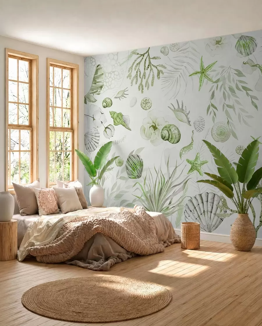 fototapeter Akvarel marine mønster, boho stil, muslingeskaller, koraller, bomuld, grønne farver w00851v2