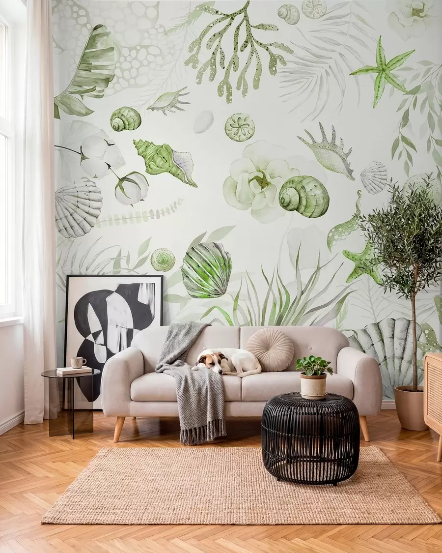 fototapeter Akvarel marine mønster, boho stil, muslingeskaller, koraller, bomuld, grønne farver w00851v2