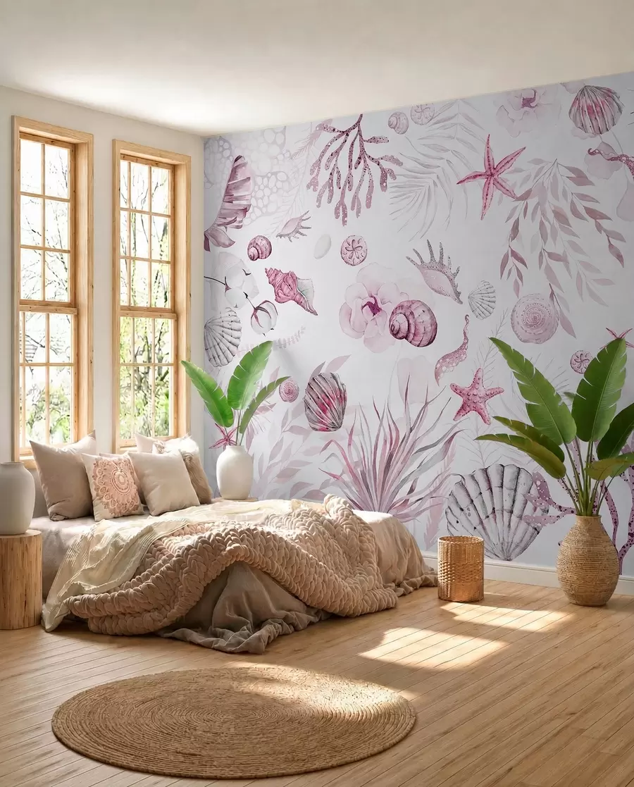 fototapeter Akvarel marine mønster, boho stil, muslingeskaller, koraller, bomuld, pink farver w00851v3