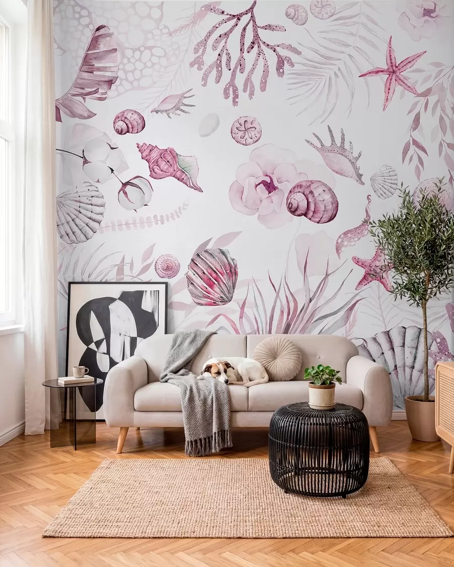 fototapeter Akvarel marine mønster, boho stil, muslingeskaller, koraller, bomuld, pink farver w00851v3