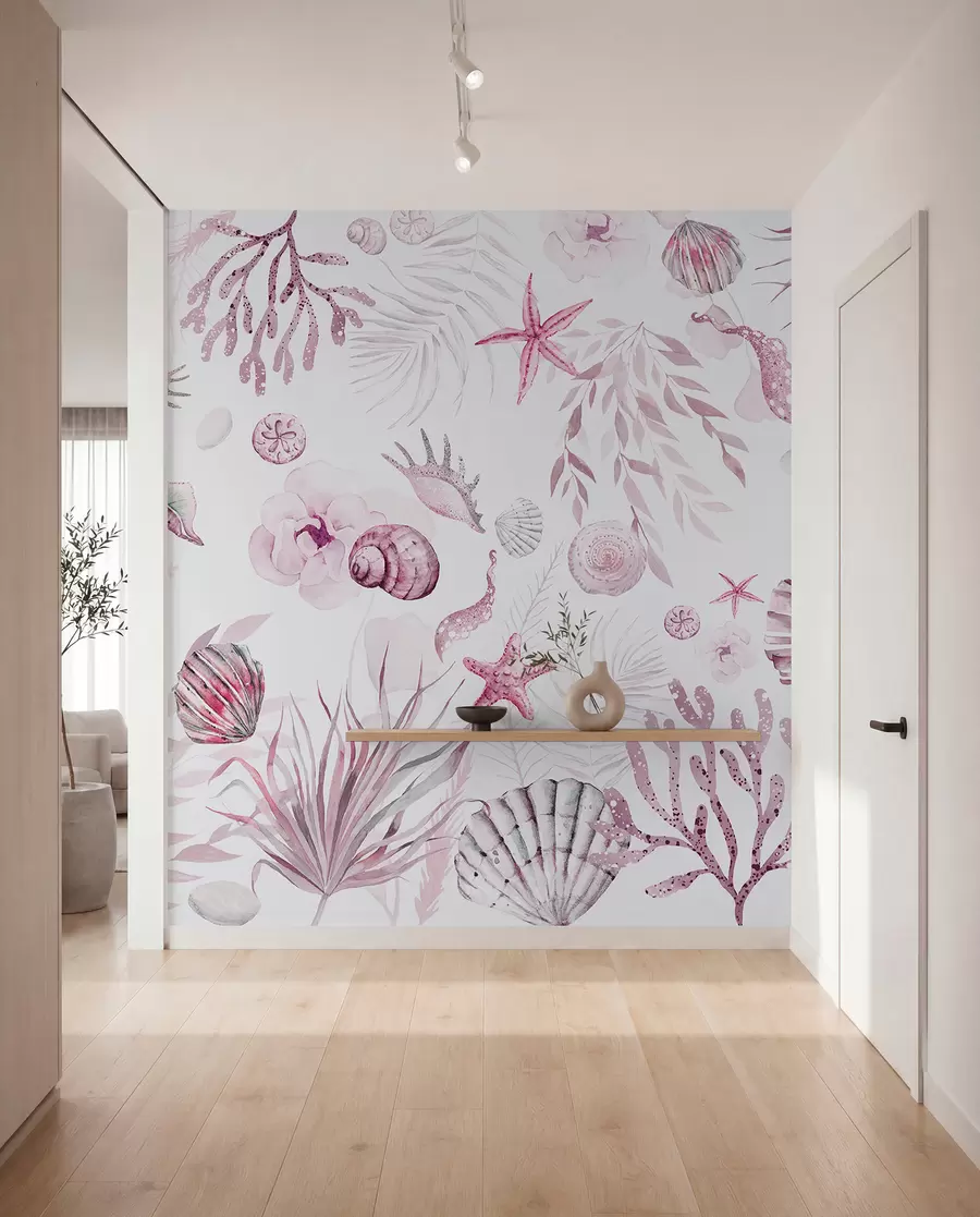 fototapeter Akvarel marine mønster, boho stil, muslingeskaller, koraller, bomuld, pink farver w00851v3
