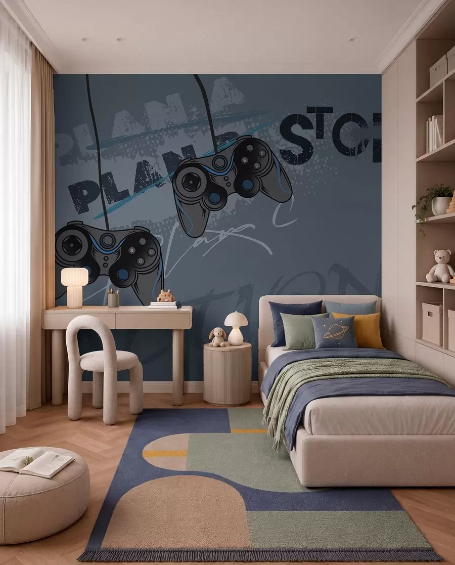 Murale Papier peint pour enfants pour adolescent avec joysticks et lettrage graphique en bleu w00829