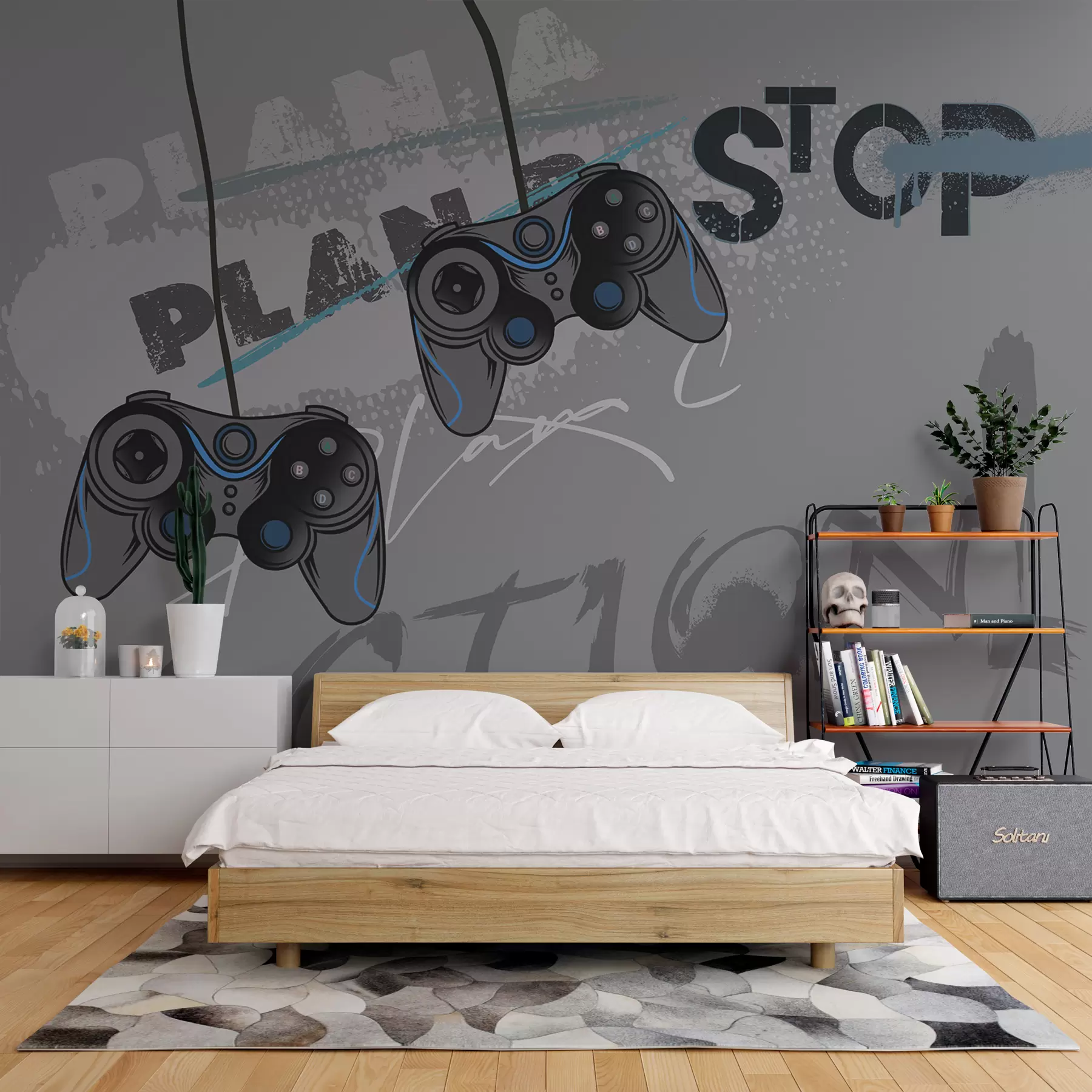 Murale Papier peint pour enfants pour adolescent avec joysticks et lettrage graphique en gris w00829v1