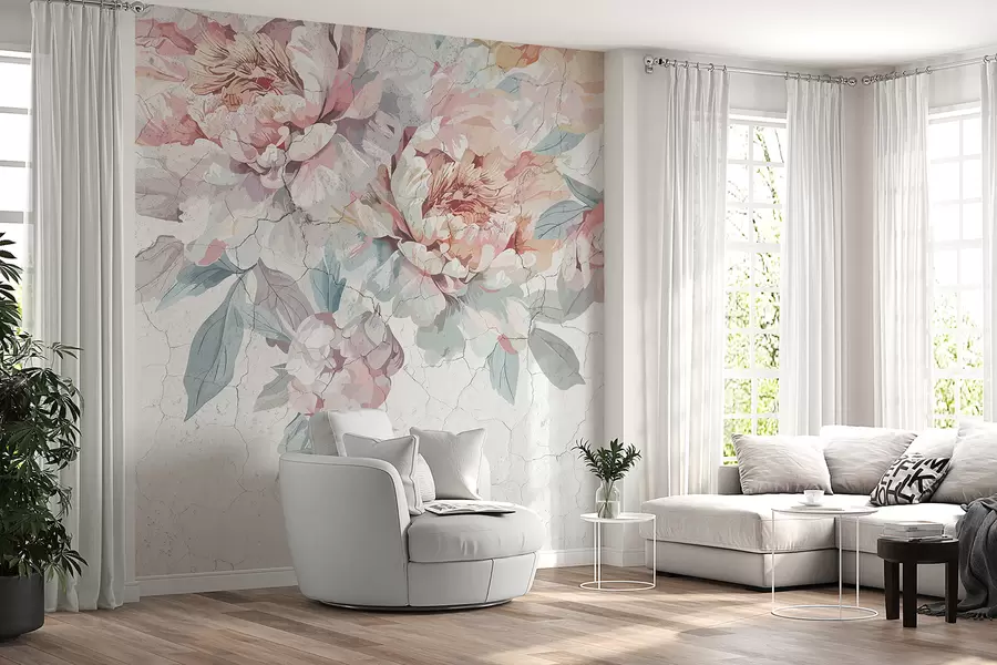 Fototapete Ein Strauß großer, zartpastellrosa und weißer Pfingstrosenblüten mit grünen Blättern vor hellem Hintergrund w00896