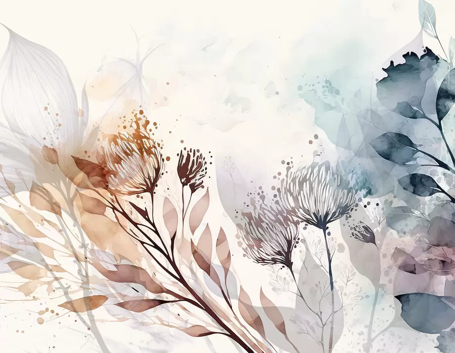 Fototapete Zarte florale abstrakte, stilisierte Blumen und Pflanzenformen Elemente in gedämpften, erdigen Tönen Aquarellkunst w00898