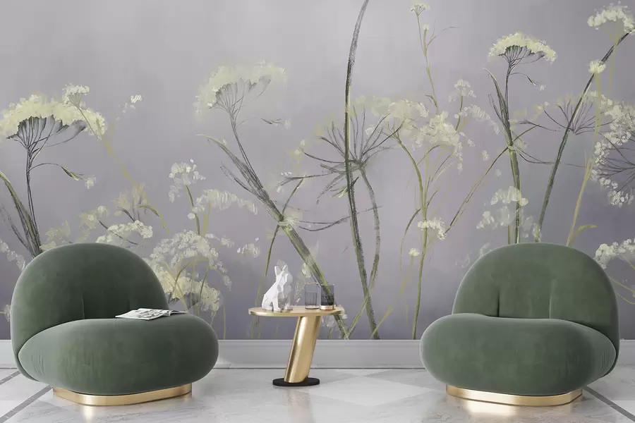 Fototapete Weiße Wildblumen in einem nebligen Feld mit weichem, verschwommenem grauem Hintergrund w00903