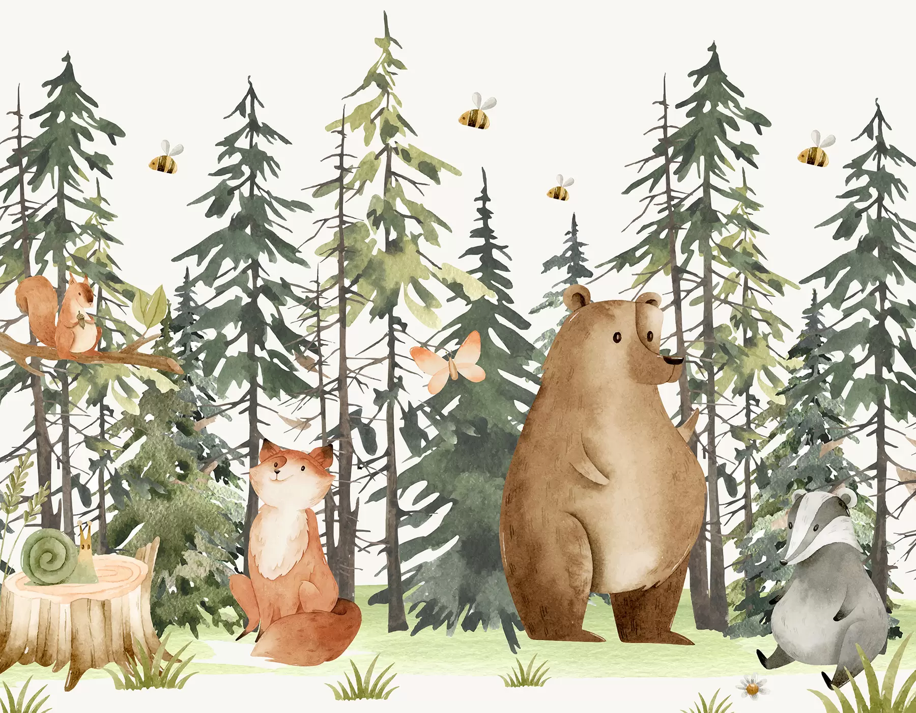 Fototapete Eine Waldszene mit Tieren und verschiedenen Kiefern im Hintergrund w00905