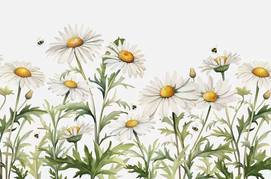 Murale Marguerites blanches en fleurs, abeilles volant illustration de plante aquarelle, couleur verte, blanche, jaune w01176