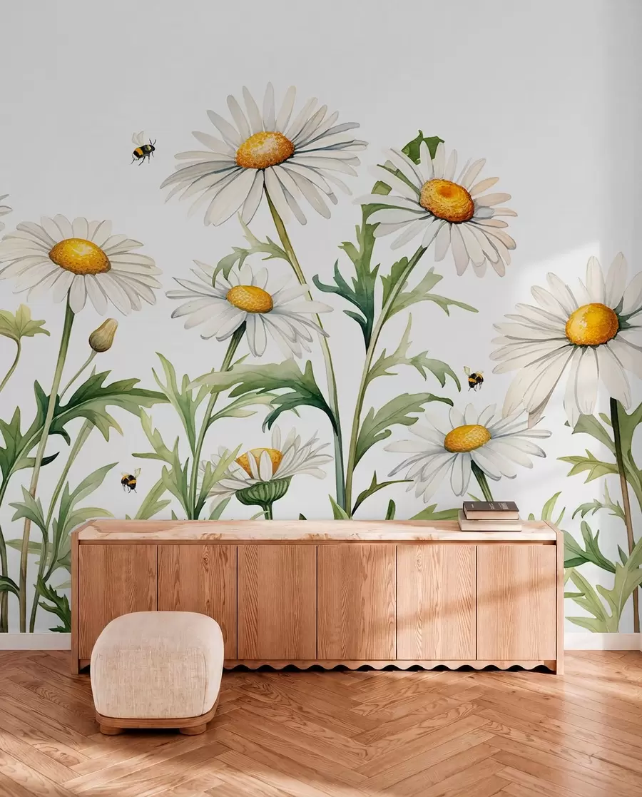 fototapeter Hvide tusindfryd blomstrer, bier flyver akvarel planteillustration, grøn, hvid, gul farve w01176
