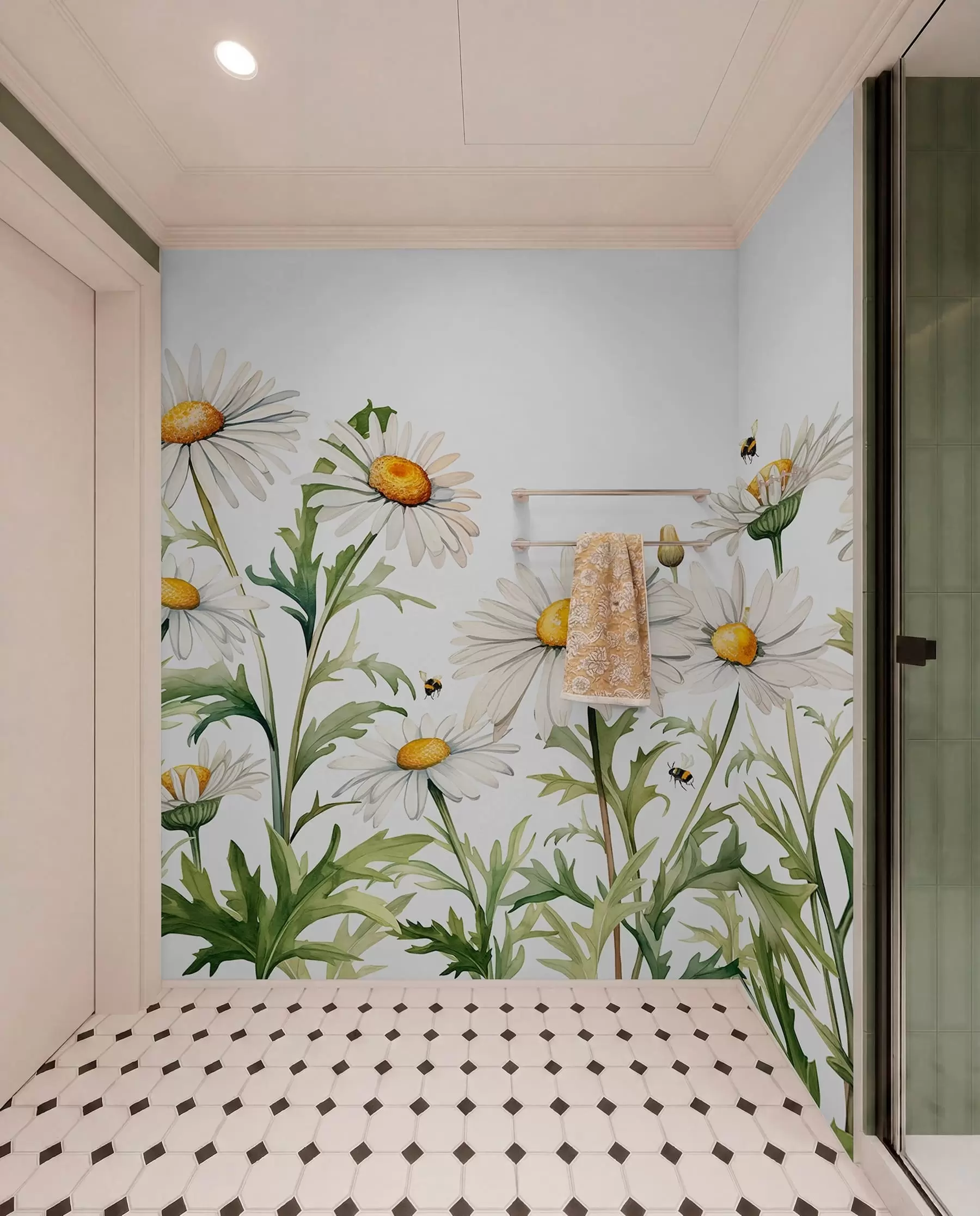 fototapeter Hvide tusindfryd blomstrer, bier flyver akvarel planteillustration, grøn, hvid, gul farve w01176