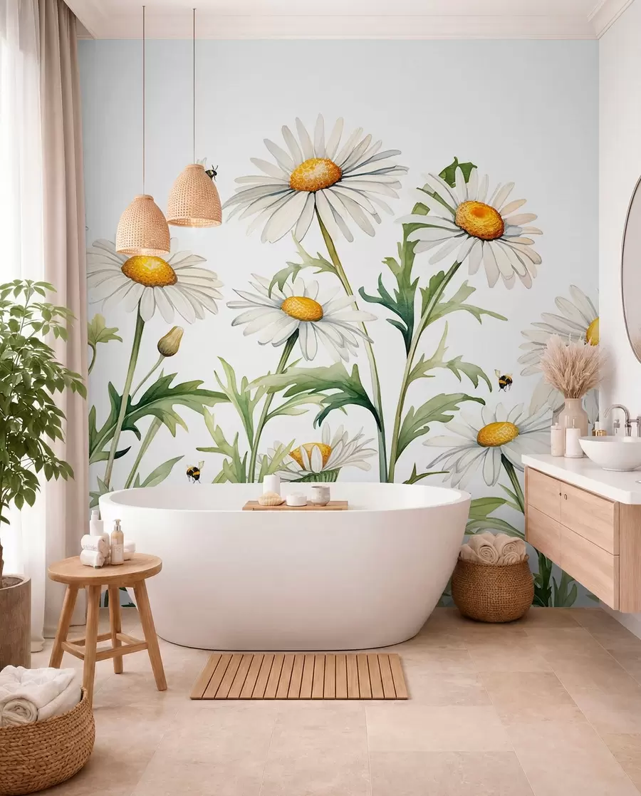 Fototapete Weiße Gänseblümchen blühen, Bienen fliegen Aquarell Pflanze Illustration, grün, weiß, gelb Farbe w01176