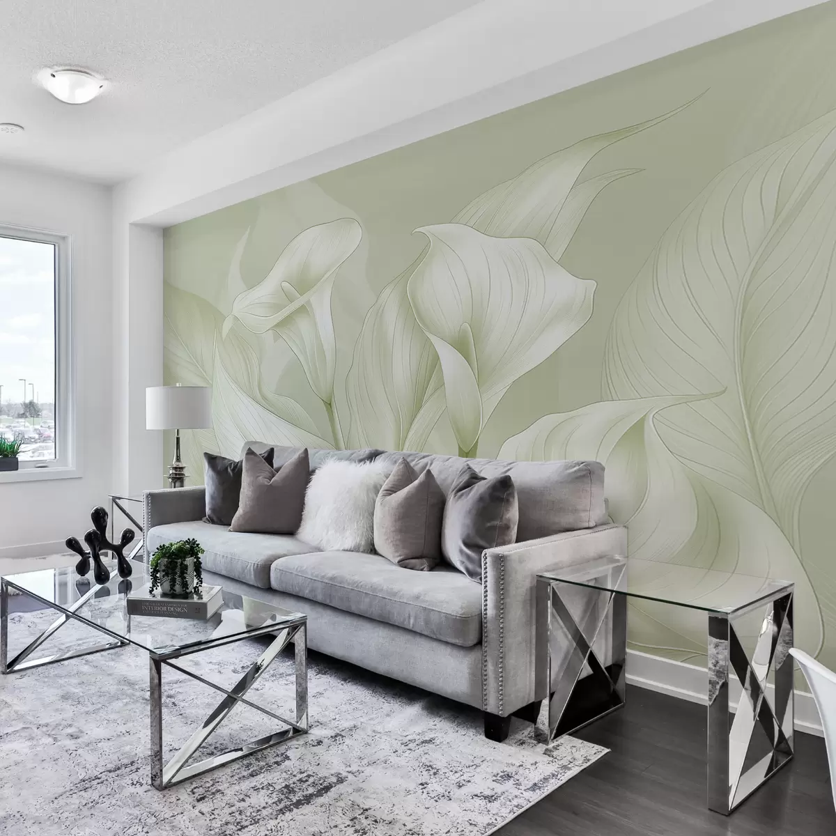 fototapeter sarte blomster i grøn farve w01195v3