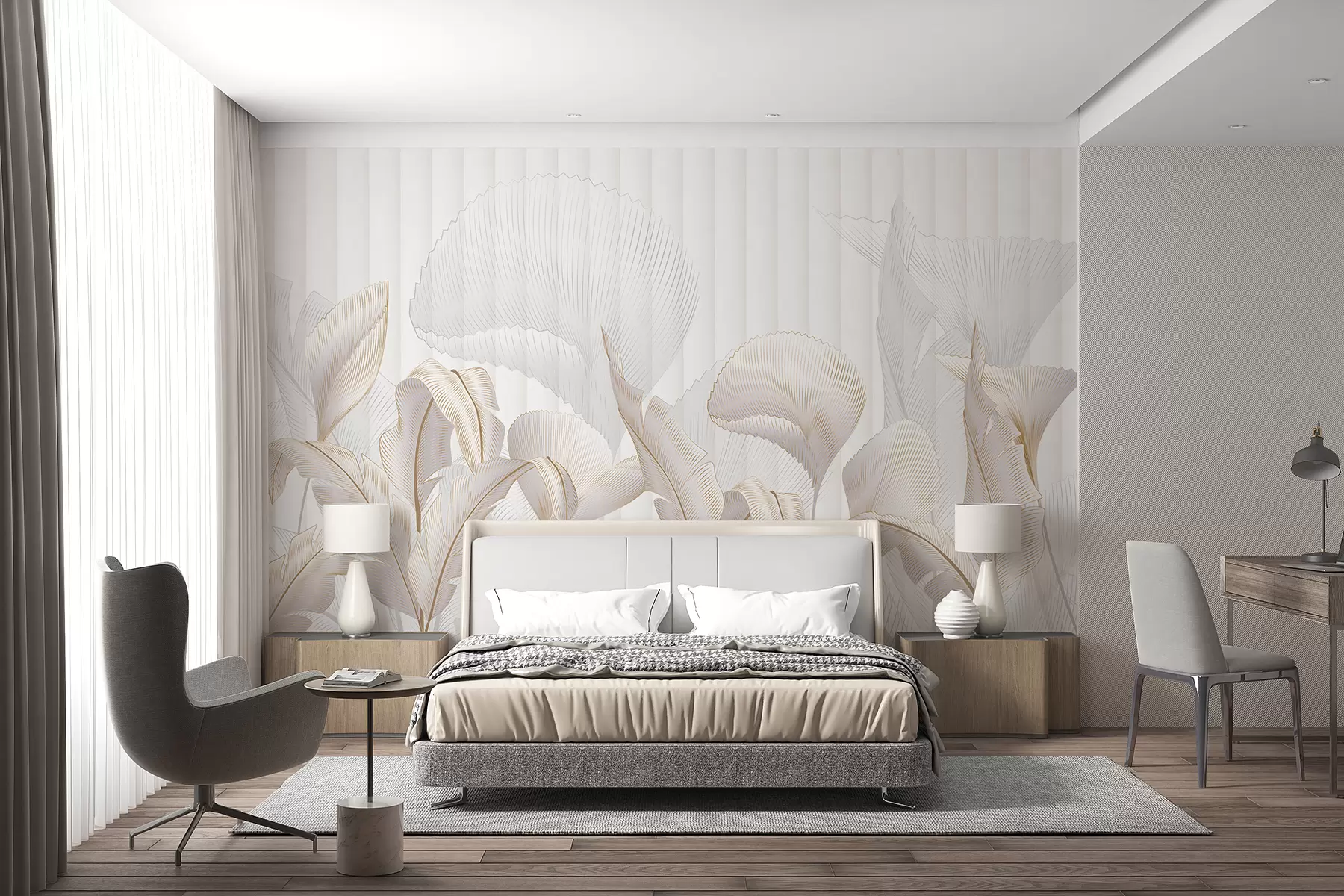 Fototapete Eine Nahaufnahme von tropischen Blättern vor einem weißen Hintergrund, mit strukturiertem Hintergrund w01237