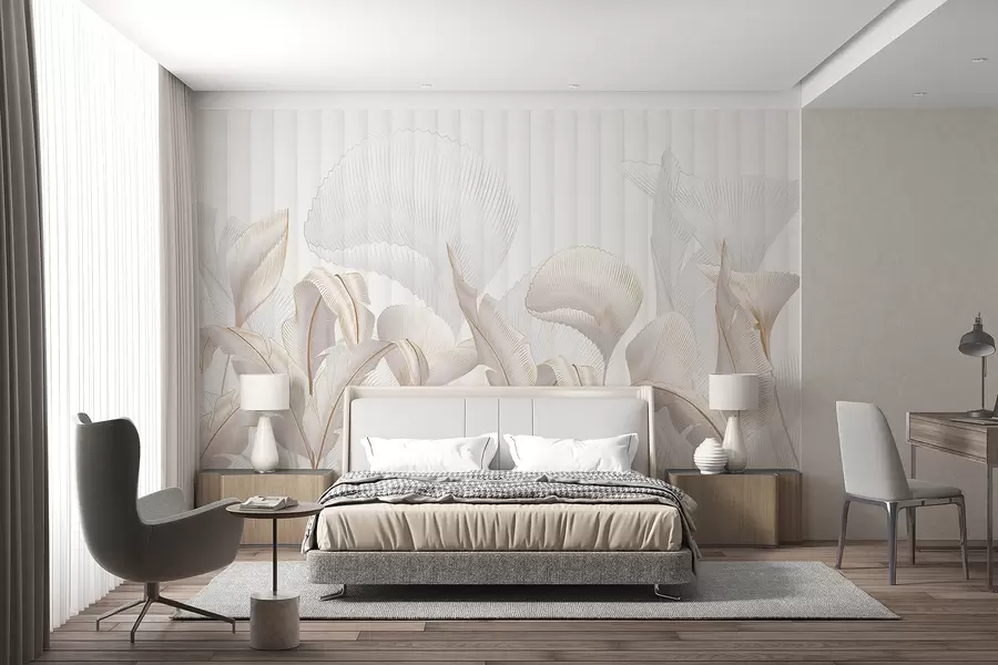 Fototapete Eine Nahaufnahme von tropischen Blättern vor einem weißen Hintergrund, mit strukturiertem Hintergrund w01237