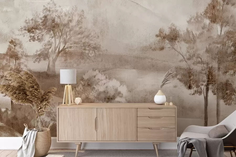 Fototapete Landschaftsmalerei einer nebligen Landschaftsszene, umgeben von üppigen Bäumen und Laub in Brauntönen w01247