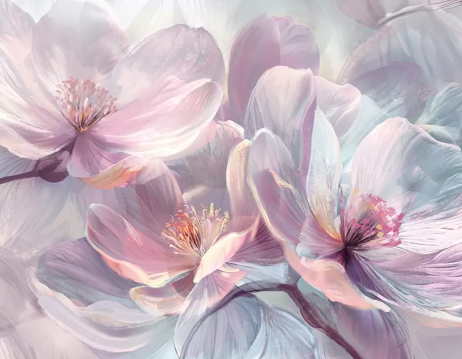 Murale Délicates fleurs pastel transparentes rose clair et blanches avec un arrière-plan doux et flou w01307