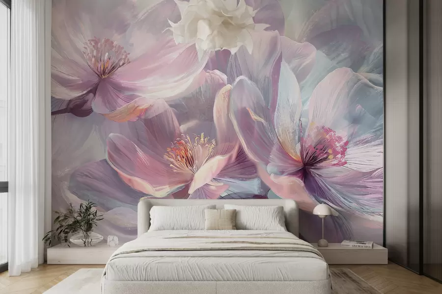 fototapeter Delikat gennemsigtig pastel neon lyserøde og hvide blomster med blød, sløret baggrund w01307