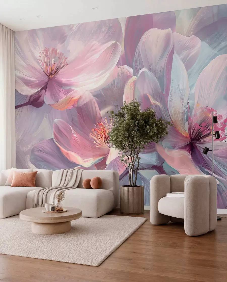 fototapeter Delikat gennemsigtig pastel neon lyserøde og hvide blomster med blød, sløret baggrund w01307