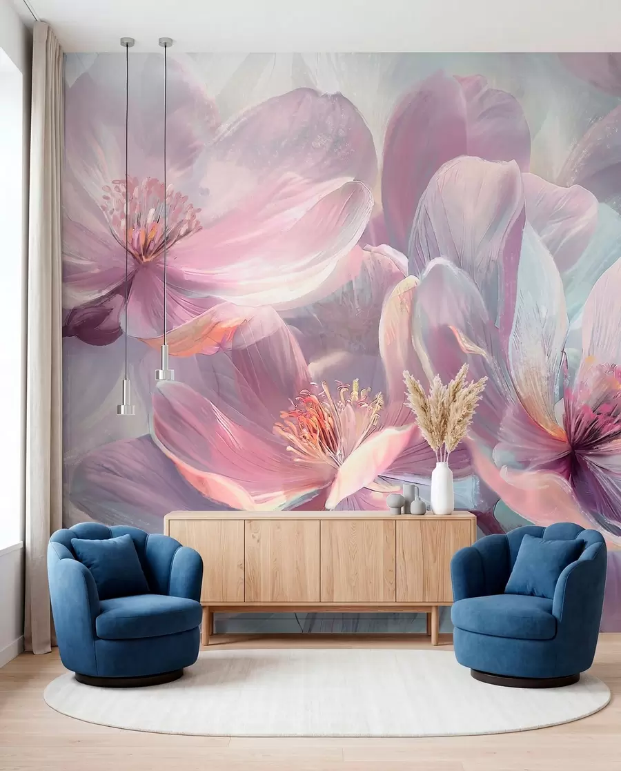 fototapeter Delikat gennemsigtig pastel neon lyserøde og hvide blomster med blød, sløret baggrund w01307