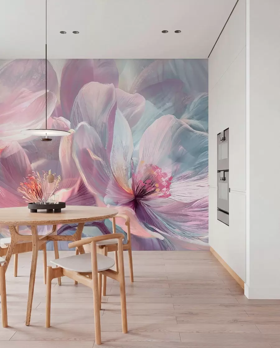 fototapeter Delikat gennemsigtig pastel neon lyserøde og hvide blomster med blød, sløret baggrund w01307