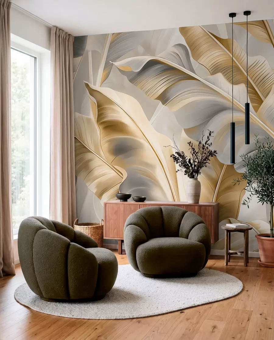 Murale grandes feuilles de bananier luxueuses dans des tons gris-beige w07876