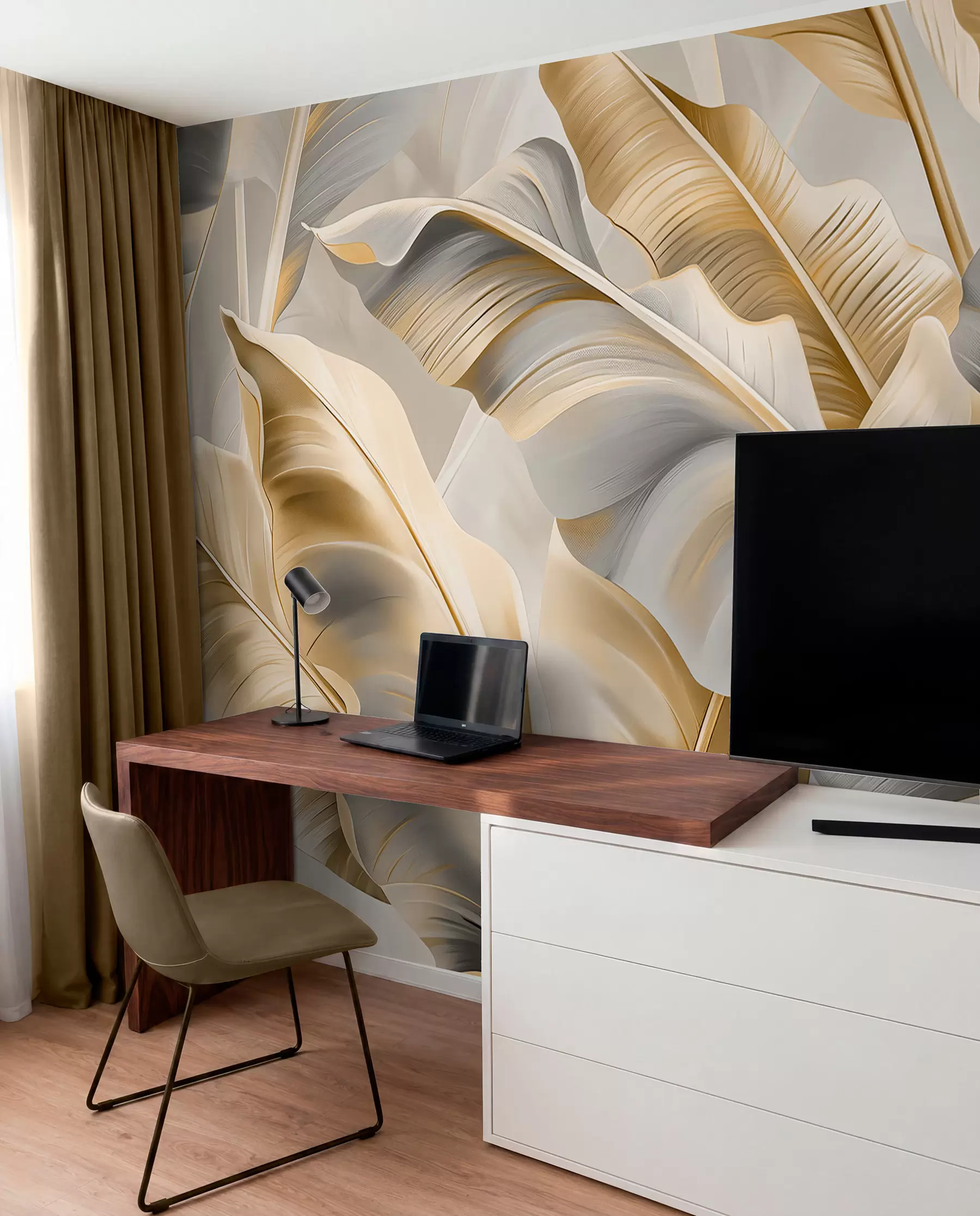 Fototapete luxuriöse große Bananenblätter in grau-beige Tönen w07876