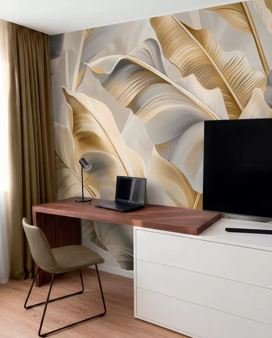 Murale grandes feuilles de bananier luxueuses dans des tons gris-beige w07876